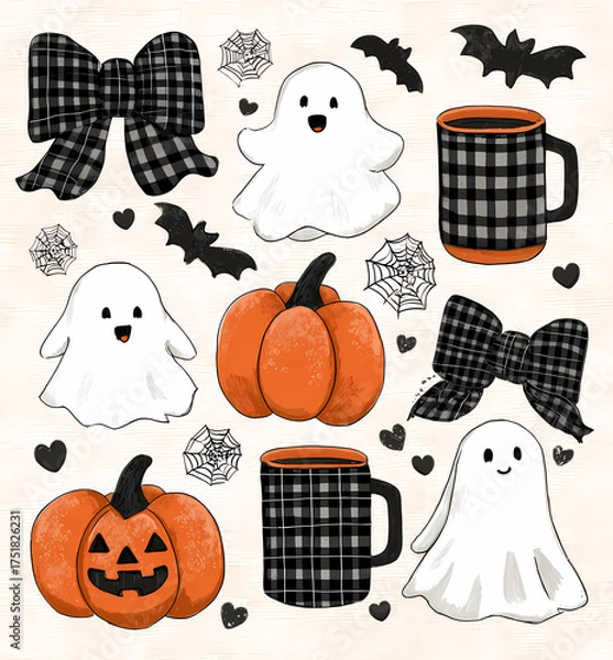 Obraz Whimsical Halloween: Pumpkins ghosts and plaid patterns create a festive and charming autumn atmosphere Perfect for seasonal celebration