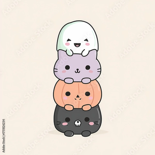 Obraz Whimsical Halloween Totem: A stack of cute ghost cat pumpkin and feline figures creates a playful festive design