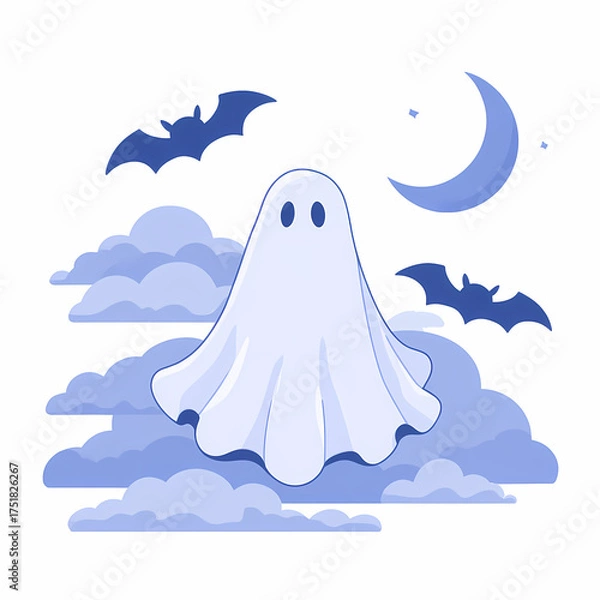 Obraz Spooky Season: A ghostly figure floats among the clouds under a crescent moon with bats flying in the night sky spooky Halloween