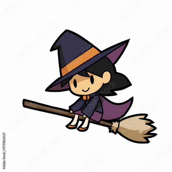 Obraz A charming illustration of a whimsical witch character joyfully soaring through the air on her magical broomstick evoking a sense of Halloween fun