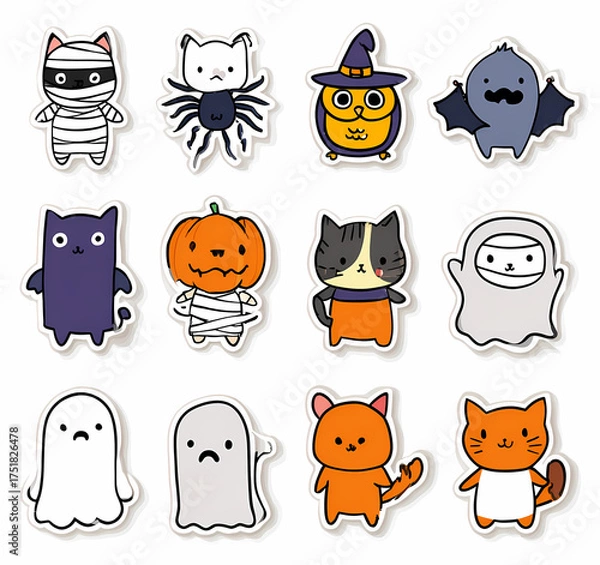 Obraz Halloween stickers showcase cute cartoon characters like mummies spiders ghosts bats and cats for a fun and spooky holiday theme