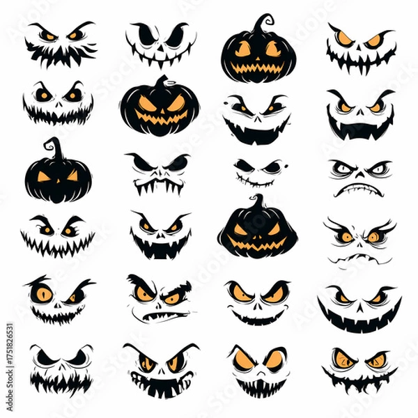 Obraz Spooky Expressions: A collection of twenty-four Halloween pumpkin faces showcasing a variety of eerie and fun expressions Happy Halloween!