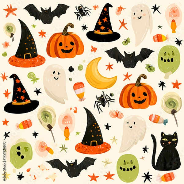 Obraz A whimsical Halloween-themed pattern featuring bats ghosts pumpkins witch hats spiders candy and a black cat against a light background