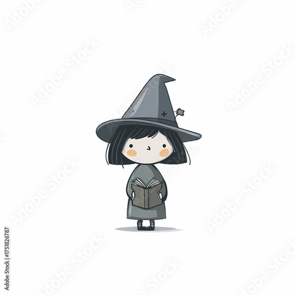 Obraz Adorable young witch absorbed in a spell book complete with hat a charming star accent and a dash of mystical delight