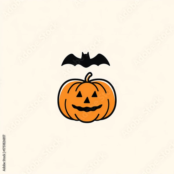 Obraz Spooky season illustration with a smiling jack-o'-lantern and a bat silhouette against a plain background perfect for Halloween