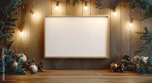 Obraz christmas-themed frame animation with a white blank board on a wooden wall decorated with christmas decorations, light bulbs, and garland. abstract background with copy space for your design.