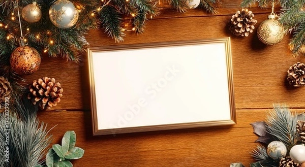 Obraz christmas-themed frame animation with a white blank board on a wooden wall decorated with christmas decorations, light bulbs, and garland. abstract background with copy space for your design.