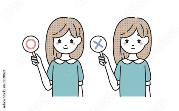 Obraz マルとバツの札を持つ女性