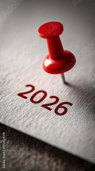 Fototapeta Red pin marks year 2026 on white paper