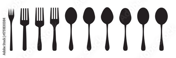 Obraz Minimalist Black Cutlery Silhouette Set – Spoon, Fork, and Knife Icons for Restaurant and Kitchen Design Vector Illustration