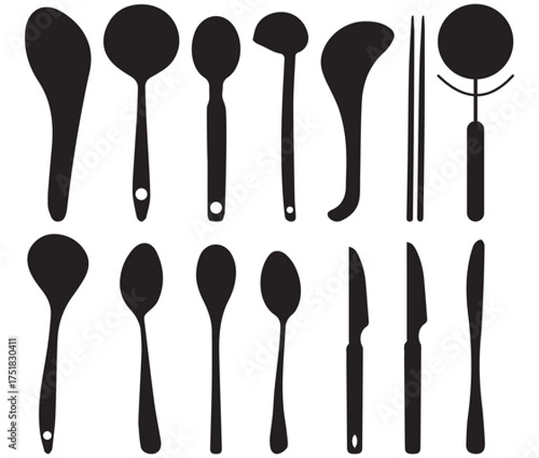 Obraz Minimalist Black Cutlery Silhouette Set – Spoon, Fork, and Knife Icons for Restaurant and Kitchen Design Vector Illustration