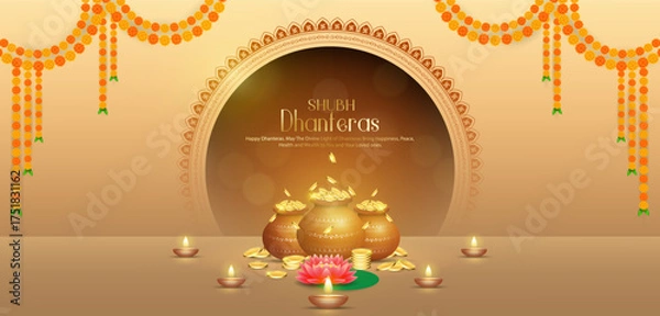 Obraz Happy Dhanteras Celebration - Poster Template Design With Pots of Gold Coin, Diya and Decorative Arch. Auspicious Hindu Festival Symbolizing Prosperity and Wealth. Hindu Festival Background.