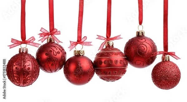 Obraz red christmas ornaments hanging on red ribbons, isolated against a white background with a clipping path.