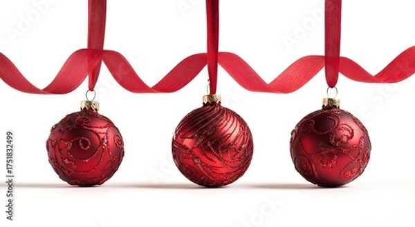 Obraz red christmas ornaments hanging on red ribbons, isolated against a white background with a clipping path.