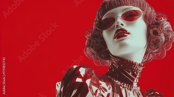 Fototapeta Fashion Model With Striking Accessories Poses Against a Vibrant Red Background in a Creative Photoshoot