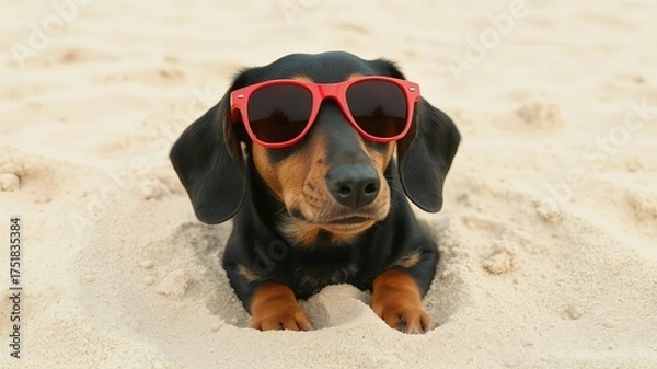 Fototapeta A cute dachshund puppy with red sunglasses relaxes in the sand enjoying the beach vacation and warm sunshine on a bright summer day at the ocean, so adorable!
