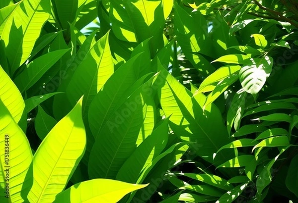Fototapeta Lush, vibrant green tropical leaves, sunlight dappled,  flora,  pattern