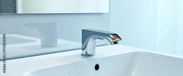 Fototapeta Modern chrome bathroom faucet with sleek design and single lever handle, stylish, decor