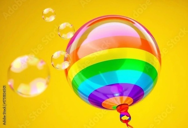 Fototapeta Rainbow soap bubbles floating near a vibrant, inflated balloon,  photography,  light