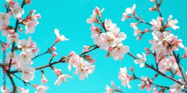 Fototapeta Delicate Cherry Blossoms Against a Vibrant Blue Sky, Symbolizing Springtime Beauty and Renewal, Creating a Serene and Optimistic Atmosphere
