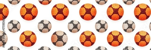 Fototapeta Seamless Pattern of Soccer Balls in Orange and Black and White on a White Background, Sports Themed Design, Football Texture, Repeating Pattern, Sport Equipment