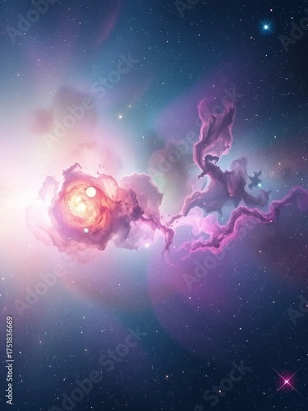 Fototapeta Spectacular Cosmic Nebula with Vibrant Pink and Purple Hues, Sparkling Stars, and Ethereal Clouds in a Vast Deep Space Galaxy, Science Fiction Concept