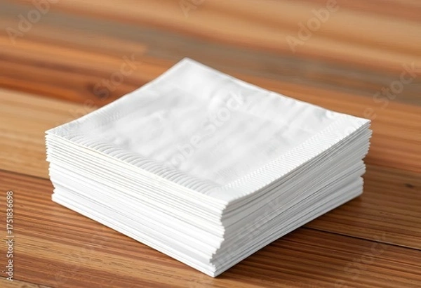Fototapeta Stack of pristine white paper napkins, square shape, soft texture, white background, close up