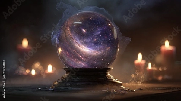 Fototapeta Tarot cards, candles, and crystals arranged for mystical divination