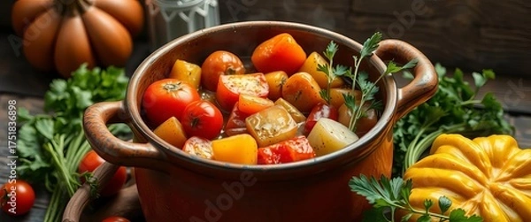 Fototapeta Vibrant Provençal vegetables simmering in a rustic clay pot,  zucchini,  eggplant