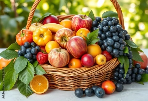 Fototapeta Vibrant summer fruits overflowing from a wicker basket,  yellow,  abundance