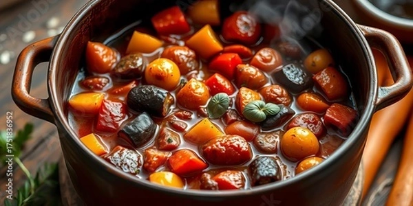 Fototapeta Vibrant ratatouille simmering in a rustic pot,   tasty,  close-up