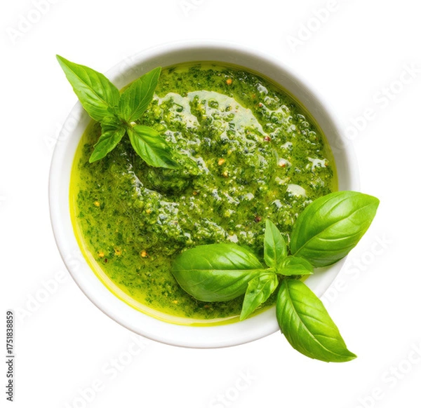 Fototapeta Overhead view of vibrant green pesto in a white bowl, garnished with fresh basil leaves