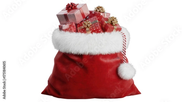 Fototapeta Abundant red santa claus sack overflowing with beautifully wrapped christmas presents and gifts isolated on transparent background