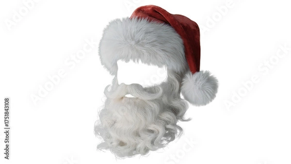 Fototapeta A fluffy white santa claus beard and mustache with a red and white santa hat isolated on transparent background