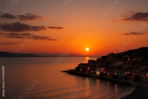 Obraz Sunset Over Coastal Town: A breathtaking panorama of a seaside village at dusk, where the sun dips below the horizon, casting a warm golden glow over the water and architecture.