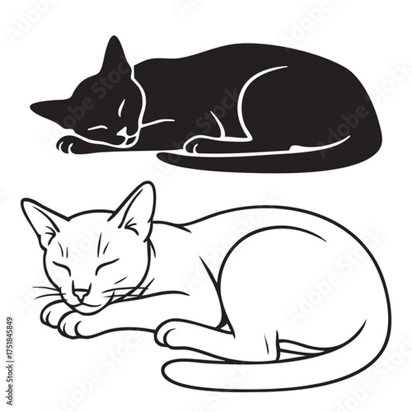 Obraz Abyssinians cat outline, Cat Lying Down Sleeping Silhouette, Peaceful Sleeping Abyssinian Cat Lying Down Silhouette Graphic