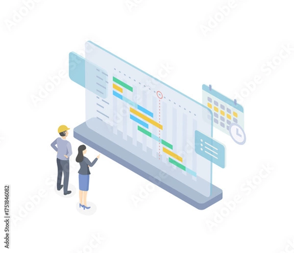 Obraz ガントチャートの前で進捗管理をチェックする人物達のアイソメトリックなベクターイラスト（現場監督とプロジェクトマネージャー  作業工程スケジュール）