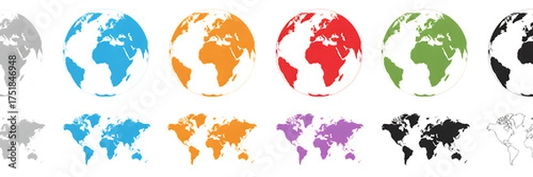Fototapeta Diverse glowing earth globes and world maps in various vibrant colors and styles isolated on transparent background