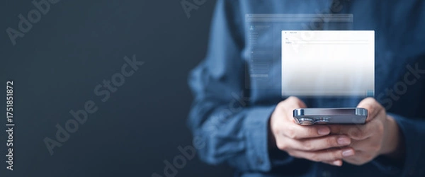 Fototapeta email, compose, template, subject, send, reply, Person composing email on smartphone with holographic interface, showing new message template, subject line, and send options for digital communication.