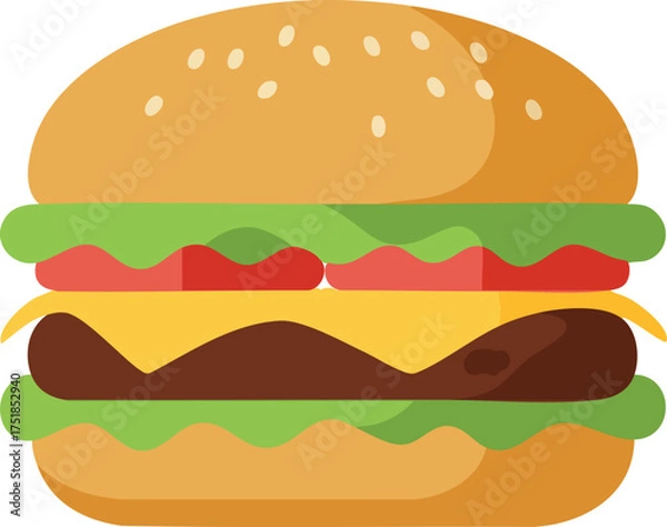 Fototapeta Illustration of a burger with cheese, lettuce, tomato, and sesame seeds on a bun.