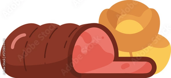 Fototapeta A cartoon illustration of a sliced meat roast with golden dinner rolls isolated on a white background.