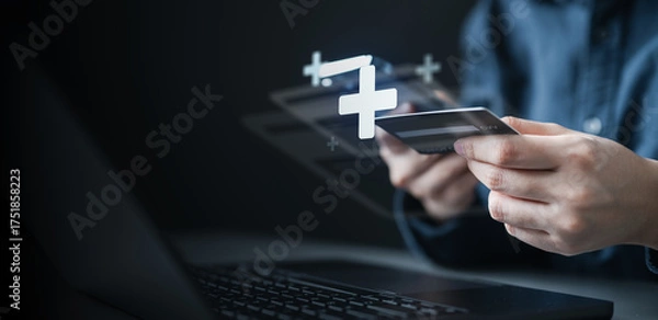 Fototapeta wallet, top up, funds, card, A person adding funds or topping up a digital wallet using a credit card, representing online payment, fintech service, and secure money transfer in digital finance.