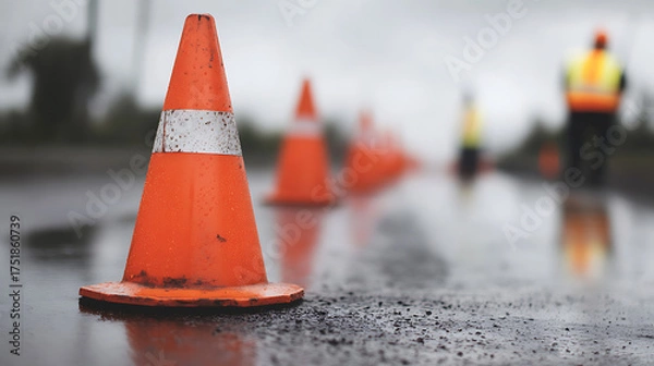 Fototapeta Road construction ahead. Orange traffic cones line a wet road, reflecting in the water. A worker in a safety vest stands in the background.