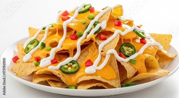 Fototapeta Delicious Cheesy Nachos with Jalapenos and Diced Peppers