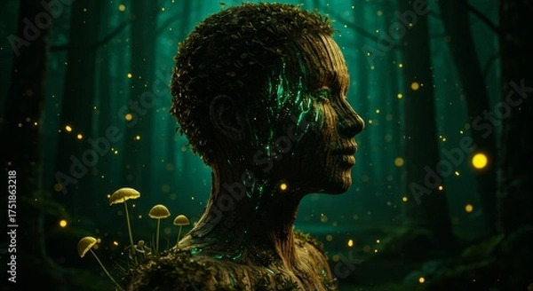 Fototapeta Human Face with Glowing Tree Bark Skin in Mystical Forest