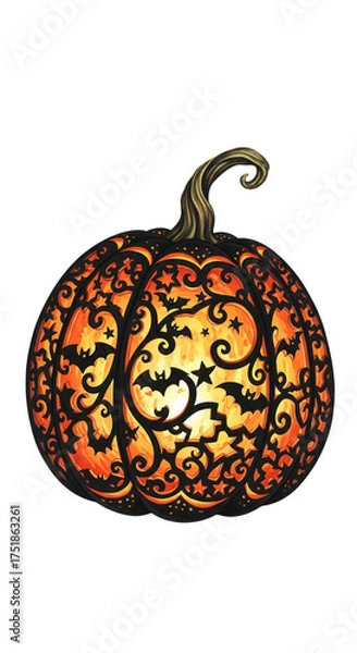 Fototapeta Intricate pumpkin lantern with swirling patterns, glowing orange light, decorative cutouts, festive Halloween atmosphere, whimsical and enchanting design