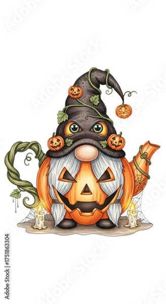 Fototapeta Pumpkin gnome teapot with jack o lantern face, witch hat, autumn leaves, spider webs, candles, and whimsical Halloween theme, creating magical and festive atmosphere
