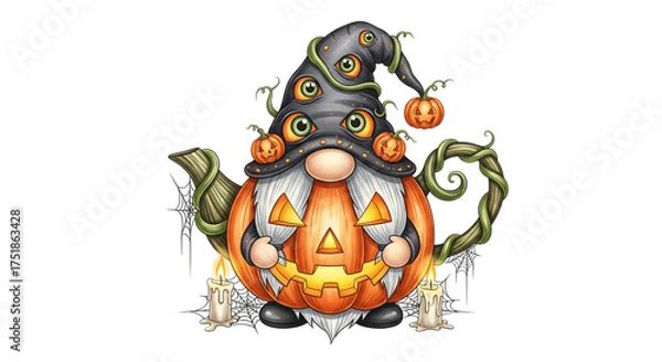 Fototapeta Pumpkin gnome with white beard, wearing spooky hat with eyes and pumpkins, surrounded by candles, spider webs, and green vines, creating whimsical Halloween atmosphere