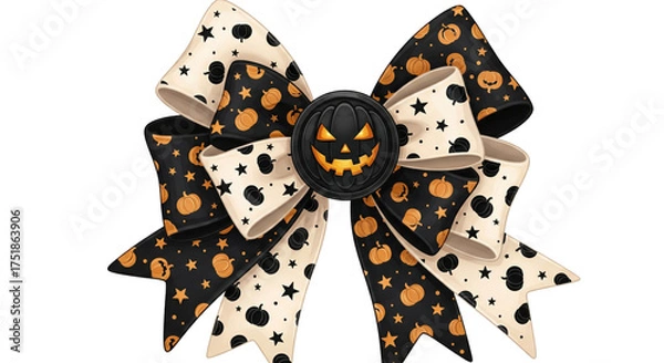 Fototapeta Halloween bow with pumpkin pattern, black and cream ribbon, festive and playful, perfect for party decoration or costume accessory, cheerful and spooky vibe