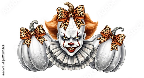 Fototapeta Creepy clown face with orange hair, white ruffled collar, surrounded by two white pumpkins decorated with leopard print bows, evokes spooky and playful Halloween vibe